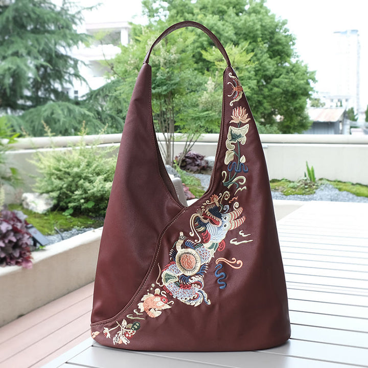 Buddha Stones、魚、花、鳳凰の刺繍、翔雲舎シルクショルダーバッグ