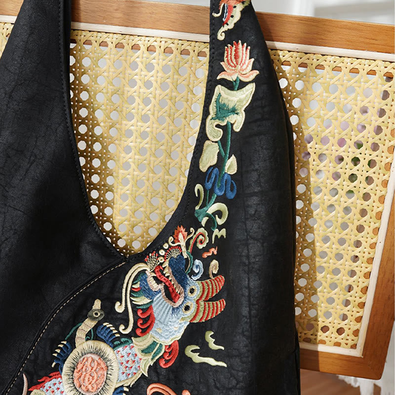 Buddha Stones、魚、花、鳳凰の刺繍、翔雲舎シルクショルダーバッグ