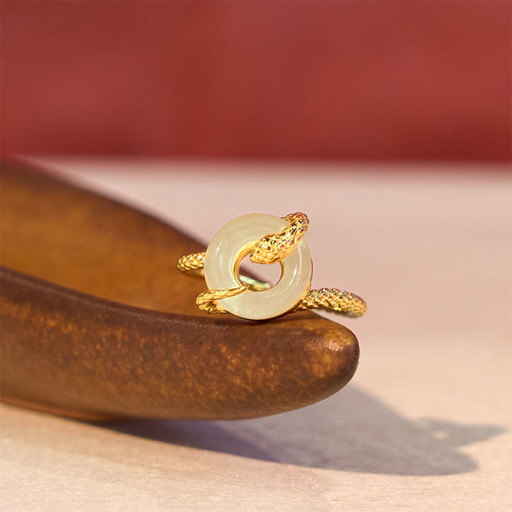 Buddha Stonesカルセドニー平和のお守りチャーム925スターリングシルバー黄金の蛇年ハーモニーリング - image 1