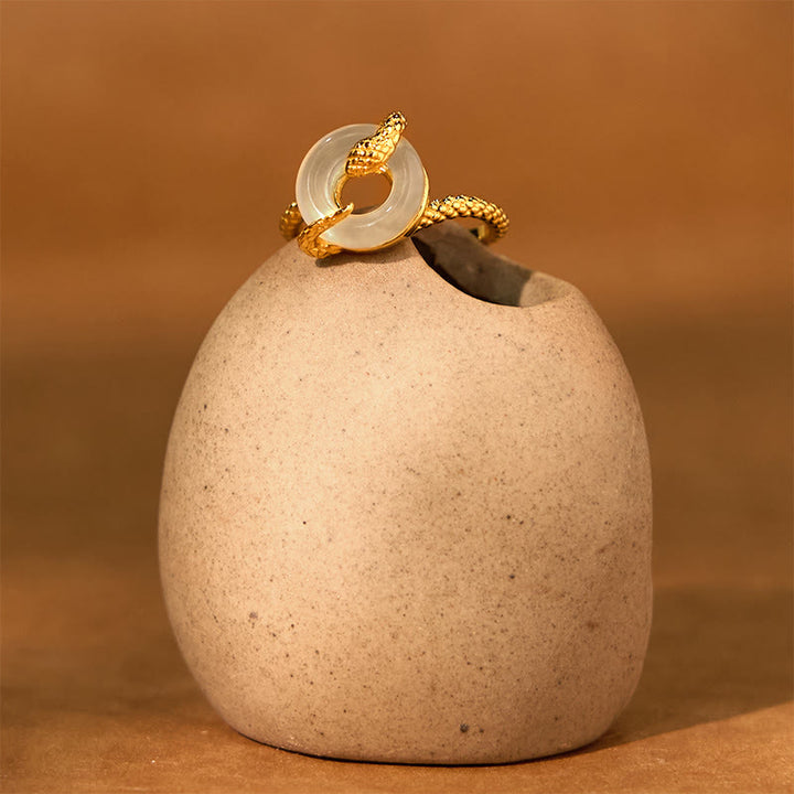 Buddha Stonesカルセドニー平和のお守りチャーム925スターリングシルバー黄金の蛇年ハーモニーリング - image 3