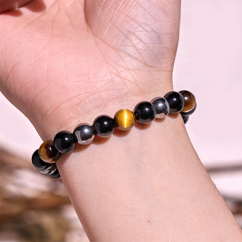 Buddha Stones天然タイガーアイオブシディアンヘマタイトポジティブパワフルブレスレット