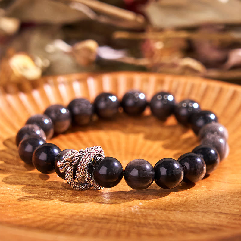 Buddha Stonesシルバーシーンオブシディアンドラゴン守護ブレスレット