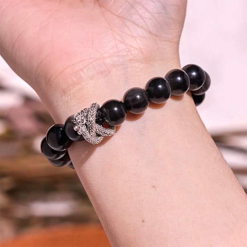 Buddha Stonesシルバーシーンオブシディアンドラゴン守護ブレスレット