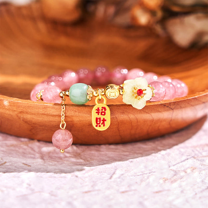 Buddha Stones天然ストロベリークォーツ ブロッサムフー キャラクターポジティブヒーリングブレスレット