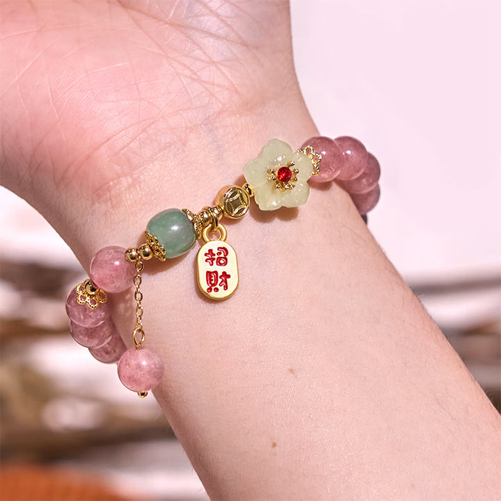 Buddha Stones天然ストロベリークォーツ ブロッサムフー キャラクターポジティブヒーリングブレスレット
