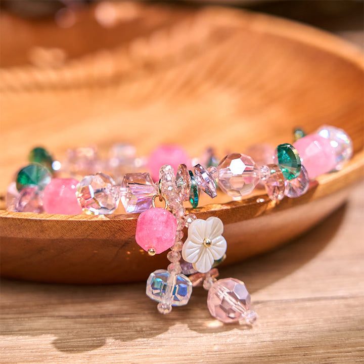 Buddha Stonesピンククリスタル グリーンクリスタル ホワイトクリスタル フラワー 温もりブレスレット