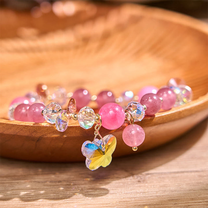 Buddha Stonesストロベリークォーツ ホワイトクリスタル ピンククリスタル バタフライラブブレスレット