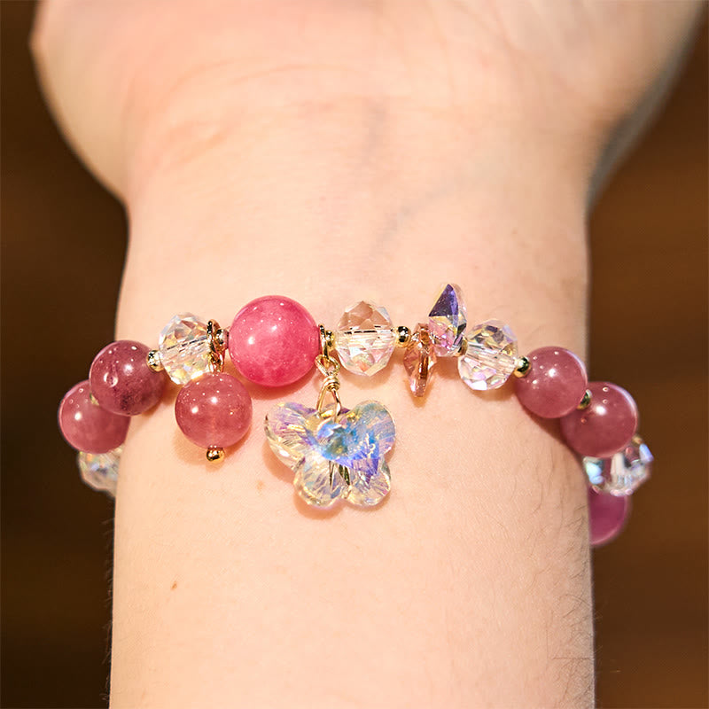 Buddha Stonesストロベリークォーツ ホワイトクリスタル ピンククリスタル バタフライラブブレスレット