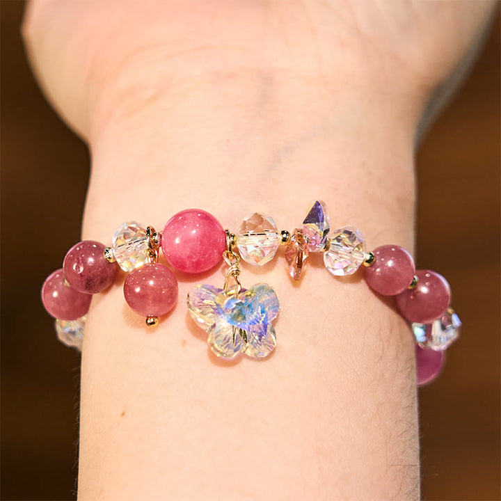 Buddha Stonesストロベリークォーツ ホワイトクリスタル ピンククリスタル バタフライラブブレスレット