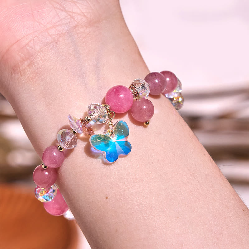 Buddha Stonesストロベリークォーツ ホワイトクリスタル ピンククリスタル バタフライラブブレスレット