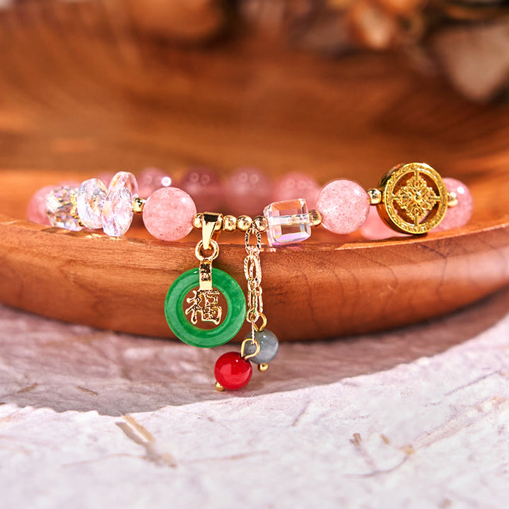 Buddha Stones ストロベリークォーツ＆翡翠 福チャーム付き ヒーリングブレスレット