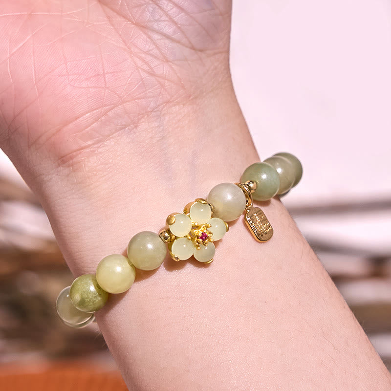 Buddha Stones 緑翡翠 花モチーフ 福チャーム 幸運 ブレスレット