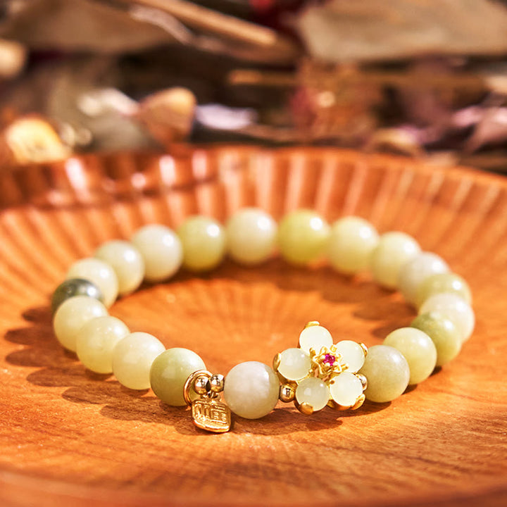 Buddha Stones 緑翡翠 花モチーフ 福チャーム 幸運 ブレスレット