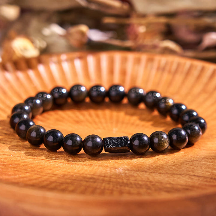 Buddha Stonesゴールドシーンオブシディアン ブラックトルマリン ウェルスブレスレット