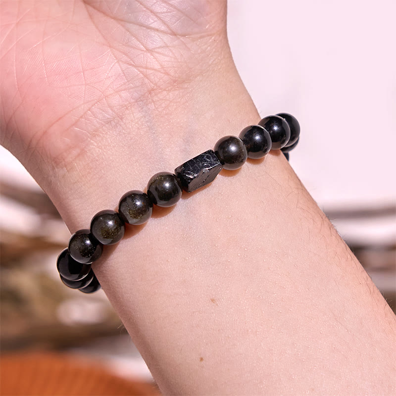 Buddha Stonesゴールドシーンオブシディアン ブラックトルマリン ウェルスブレスレット