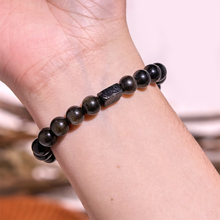 Buddha Stonesゴールドシーンオブシディアン ブラックトルマリン ウェルスブレスレット