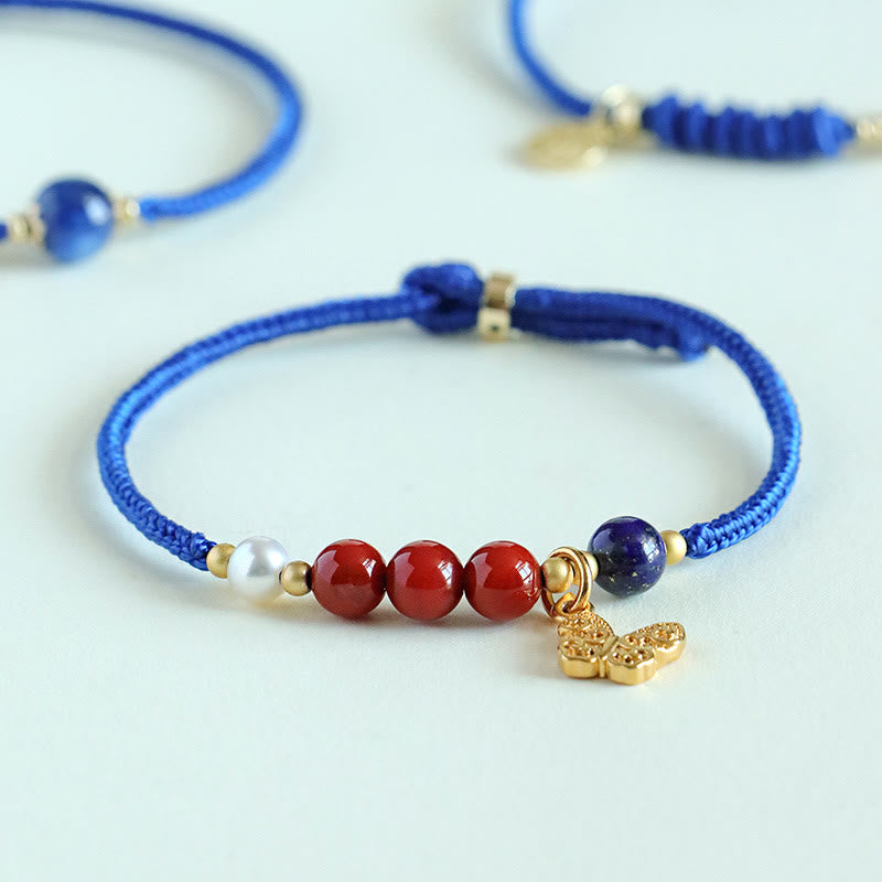 Buddha Stonesクライン ブルーストリング サウスレッドアゲート ガーネット ブルーアベンチュリン ラズライト ラピスラズリ 銅 バタフライフーキャラクター幸運を呼ぶブレスレット - image 2