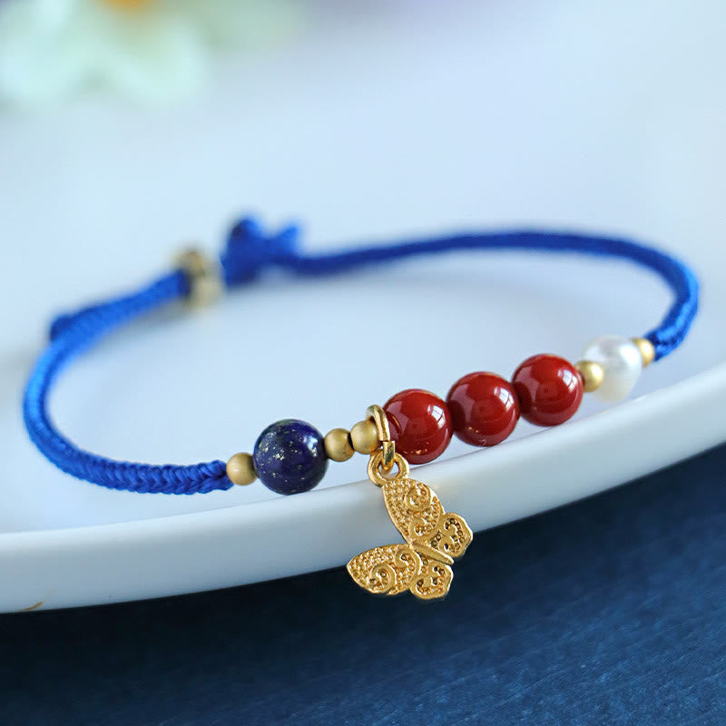 Buddha Stonesクライン ブルーストリング サウスレッドアゲート ガーネット ブルーアベンチュリン ラズライト ラピスラズリ 銅 バタフライフーキャラクター幸運を呼ぶブレスレット - image 0