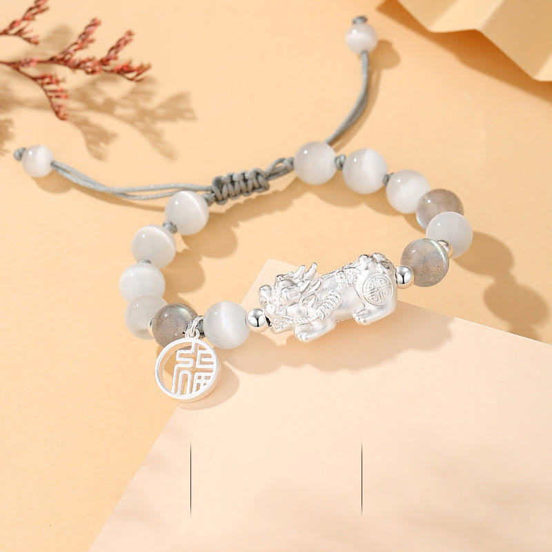 Buddha StonesPi Xiu 六つの真実の言葉 999 スターリングシルバー ブラックオブシディアン ホワイトターコイズ クリソベリル 幸運のブレスレット