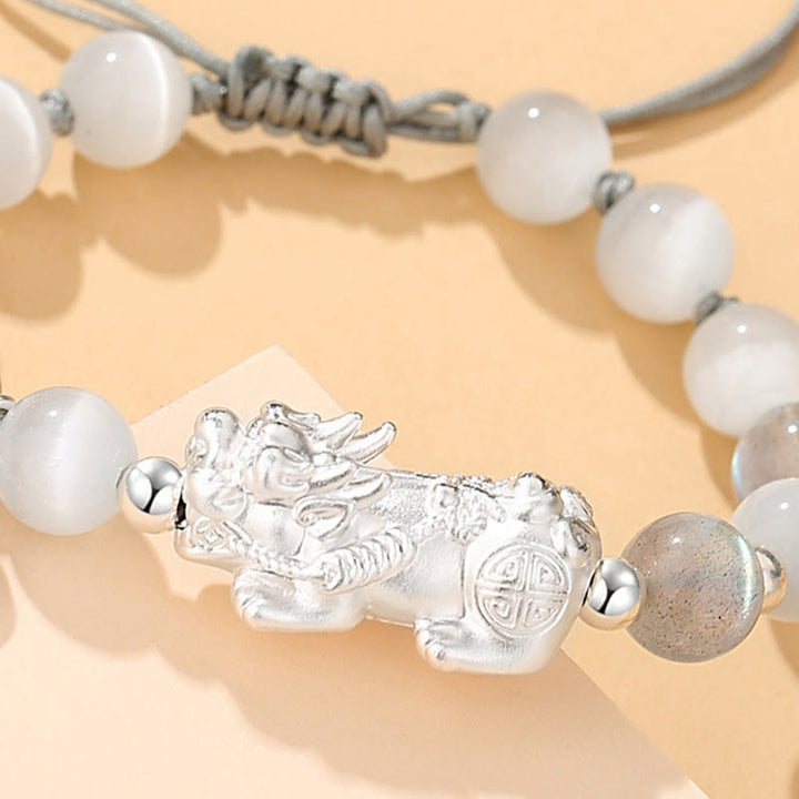 Buddha StonesPi Xiu 六つの真実の言葉 999 スターリングシルバー ブラックオブシディアン ホワイトターコイズ クリソベリル幸運ブレスレット - image 13