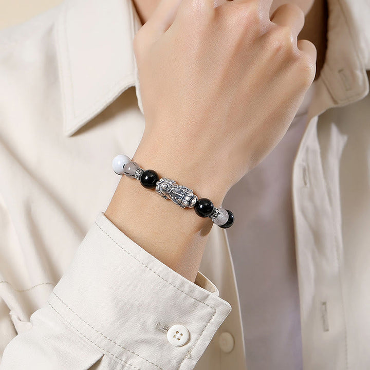 Buddha StonesPi Xiu 六つの真実の言葉 999 スターリングシルバー ブラックオブシディアン ホワイトターコイズ クリソベリル幸運ブレスレット - image 4