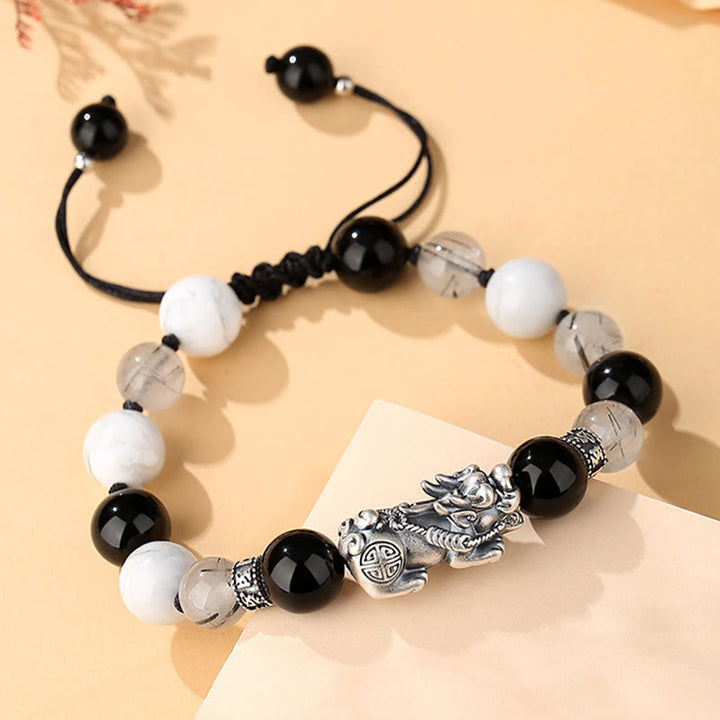 Buddha StonesPi Xiu 六つの真実の言葉 999 スターリングシルバー ブラックオブシディアン ホワイトターコイズ クリソベリル 幸運のブレスレット