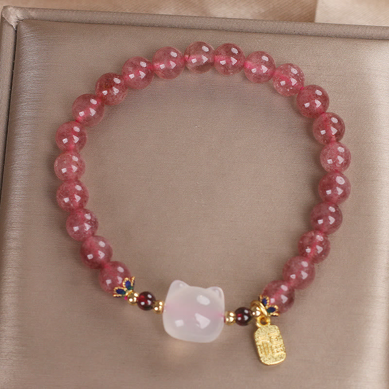 Buddha Stones ストロベリークォーツ×白翡翠 猫モチーフ 福チャーム 癒しのヒーリングブレスレット - image 11