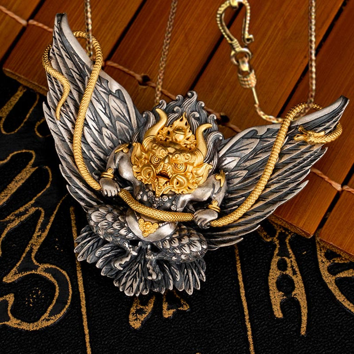 Buddha Stones925 スターリングシルバー チベット ガルーダ 鳥 龍 蛇 知恵 ネックレス ペンダント - ガルーダ&58cm ゴールデン銅チェーン - image 12