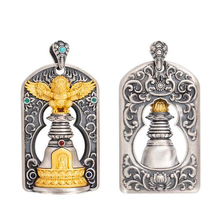 Buddha Stones925 スターリングシルバー チベット ガルーダ鳥 金剛杵 ドルジェベル 守護ネックレス ペンダント