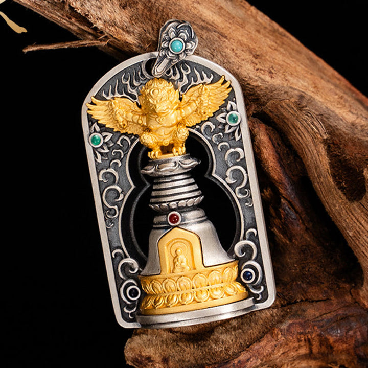 Buddha Stones925 スターリングシルバー チベット ガルーダ鳥 金剛杵 ドルジェベル 守護ネックレス ペンダント