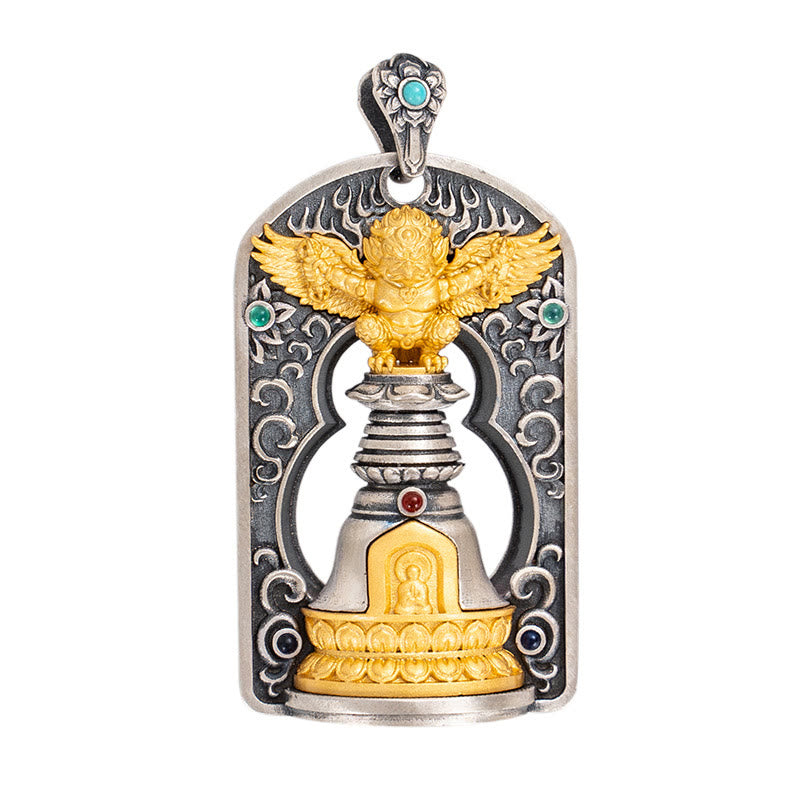 Buddha Stones925 スターリングシルバー チベット ガルーダ鳥 金剛杵 ドルジェベル 守護ネックレス ペンダント