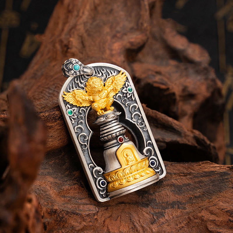 Buddha Stones925 スターリングシルバー チベット ガルーダ鳥 金剛杵 ドルジェベル 守護ネックレス ペンダント