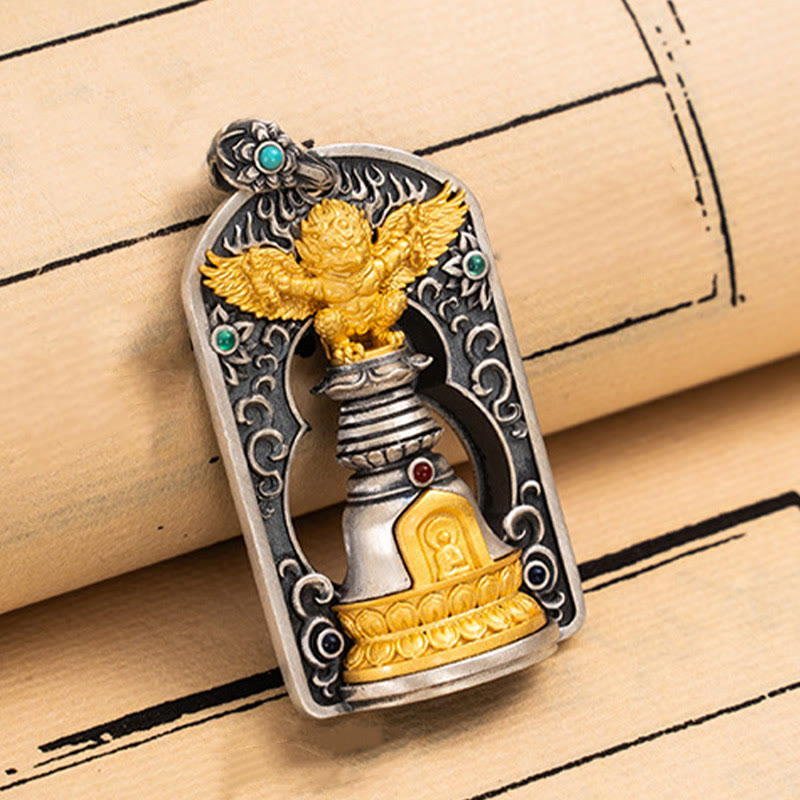 Buddha Stones925 スターリングシルバー チベット ガルーダ鳥 金剛杵 ドルジェベル 守護ネックレス ペンダント