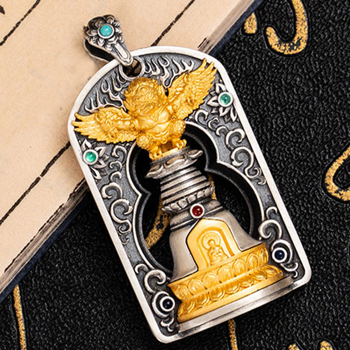 Buddha Stones925 スターリングシルバー チベット ガルーダ鳥 金剛杵 ドルジェベル 守護ネックレス ペンダント
