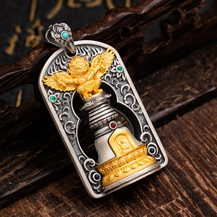 Buddha Stones925 スターリングシルバー チベット ガルーダ鳥 金剛杵 ドルジェベル 守護ネックレス ペンダント