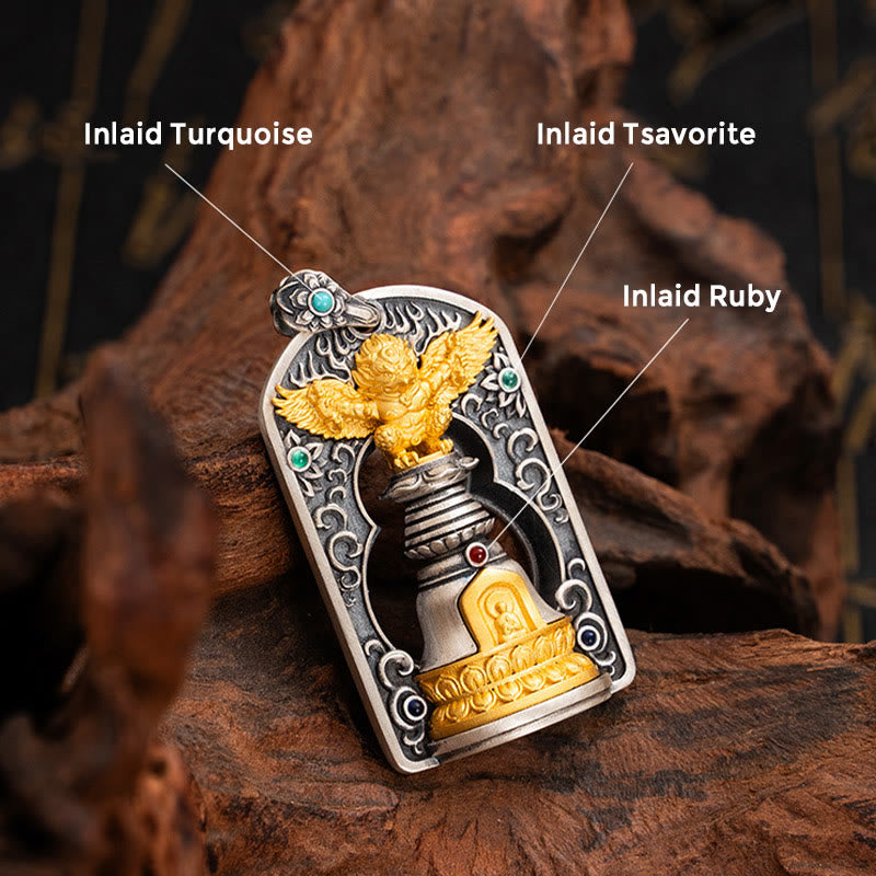 Buddha Stones925 スターリングシルバー チベット ガルーダ鳥 金剛杵 ドルジェベル 守護ネックレス ペンダント