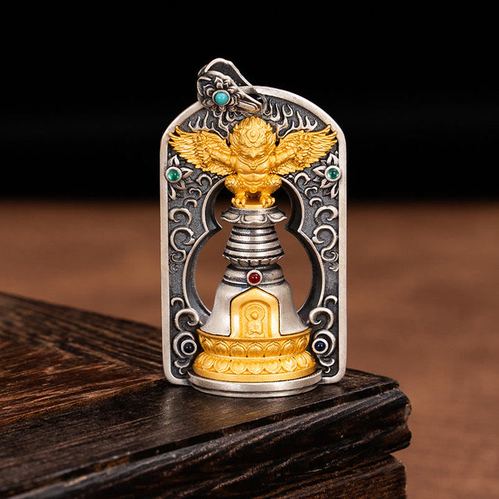 Buddha Stones925 スターリングシルバー チベット ガルーダ鳥 金剛杵 ドルジェベル 守護ネックレス ペンダント