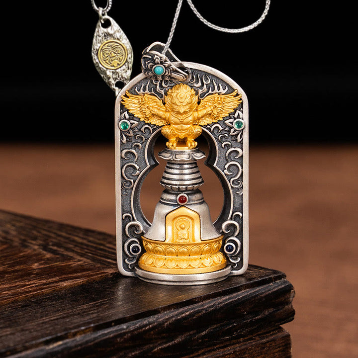 Buddha Stones925 スターリングシルバー チベット ガルーダ鳥 金剛杵 ドルジェベル 守護ネックレス ペンダント