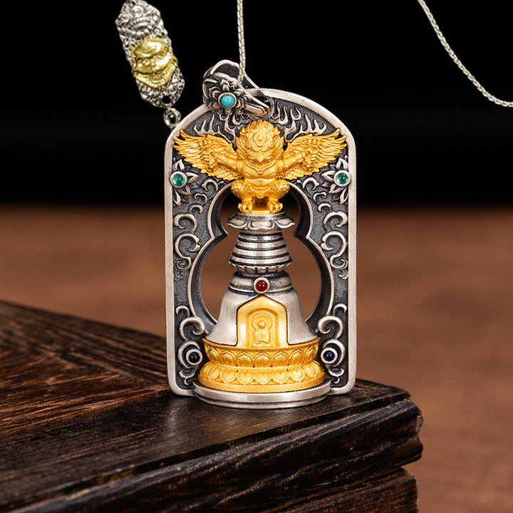 Buddha Stones925 スターリングシルバー チベット ガルーダ鳥 金剛杵 ドルジェベル 守護ネックレス ペンダント
