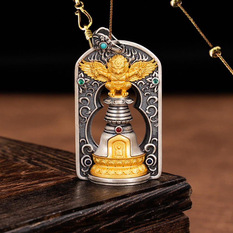 Buddha Stones925 スターリングシルバー チベット ガルーダ鳥 金剛杵 ドルジェベル 守護ネックレス ペンダント