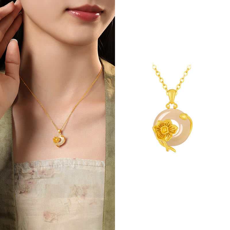 Buddha Stonesカルセドニー 925スターリングシルバー ピースバックル フラワーネックレスペンダント