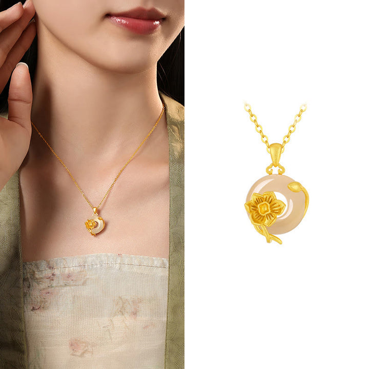 Buddha Stonesカルセドニー 925スターリングシルバー ピースバックル フラワーネックレスペンダント