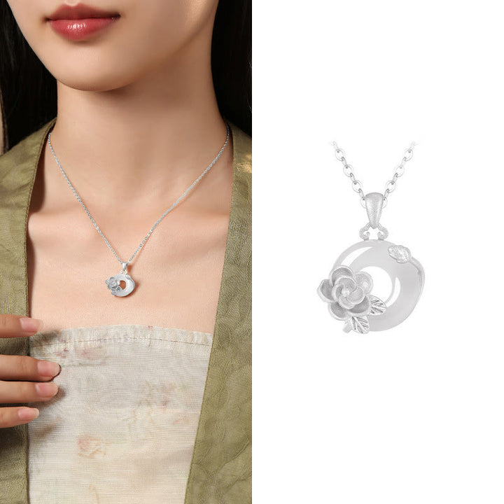 Buddha Stonesカルセドニー 925スターリングシルバー ピースバックル フラワーネックレスペンダント