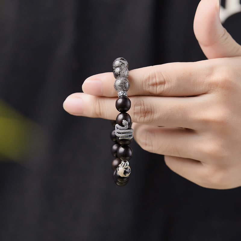 Buddha Stonesエボニーウッド ブラックルチルクォーツ 925スターリングシルバー 蛇年 バランスブレスレット