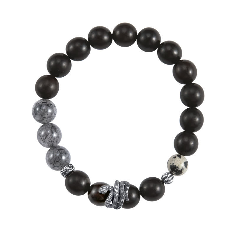 Buddha Stonesエボニーウッド ブラックルチルクォーツ 925スターリングシルバー 蛇年 バランスブレスレット