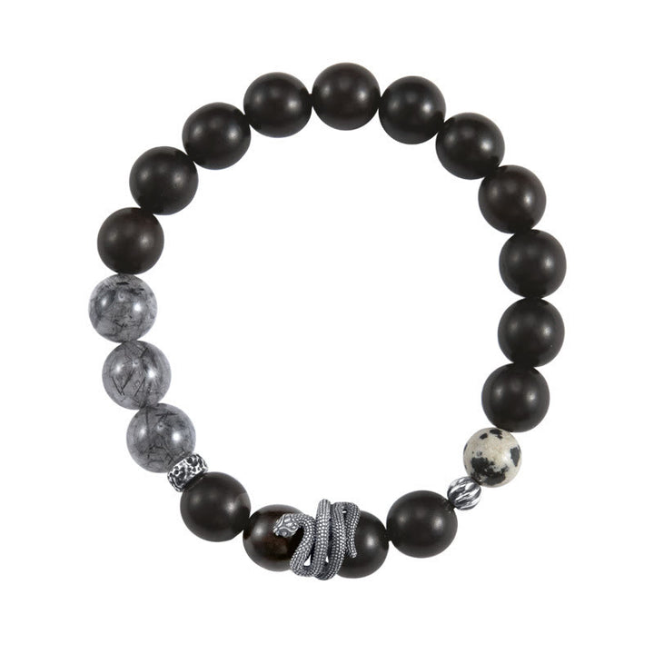 Buddha Stonesエボニーウッド ブラックルチルクォーツ 925スターリングシルバー 蛇年 バランスブレスレット