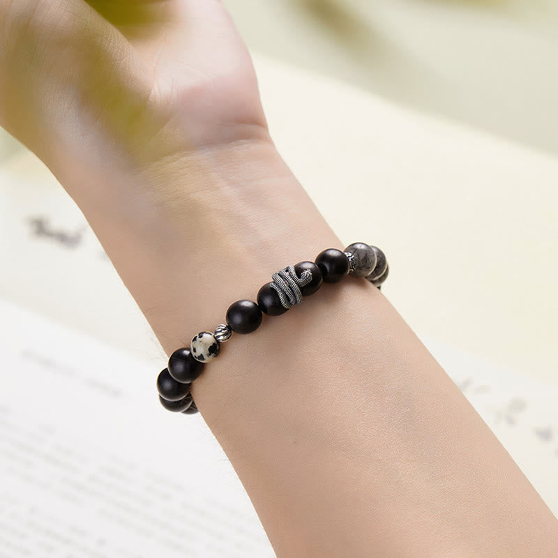 Buddha Stonesエボニーウッド ブラックルチルクォーツ 925スターリングシルバー 蛇年 バランスブレスレット