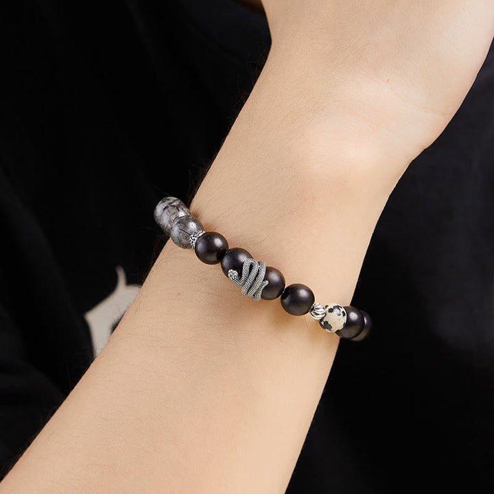Buddha Stonesエボニーウッド ブラックルチルクォーツ 925スターリングシルバー 蛇年 バランスブレスレット