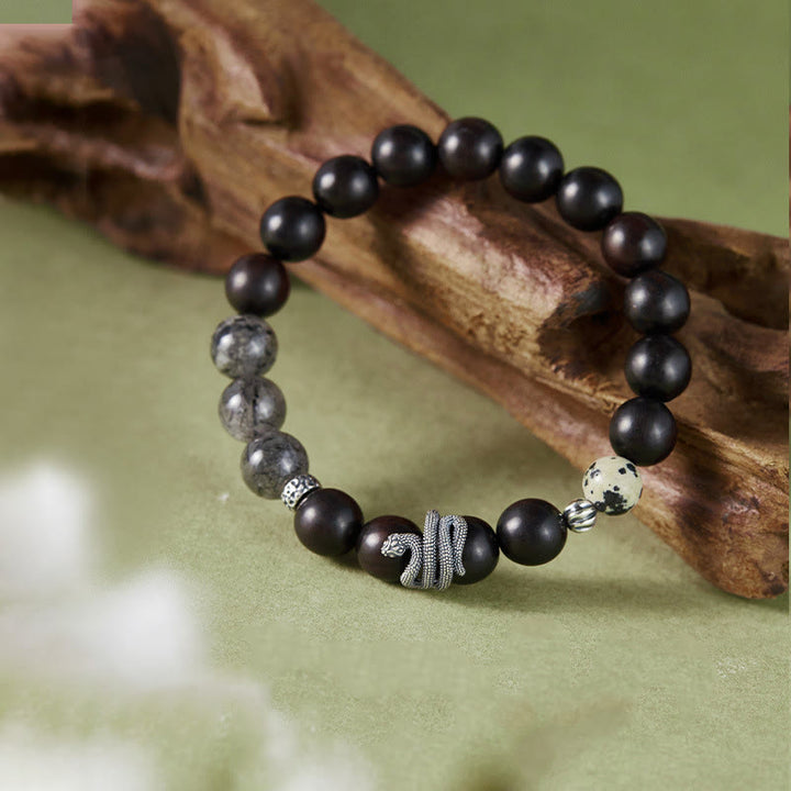 Buddha Stonesエボニーウッド ブラックルチルクォーツ 925スターリングシルバー 蛇年 バランスブレスレット