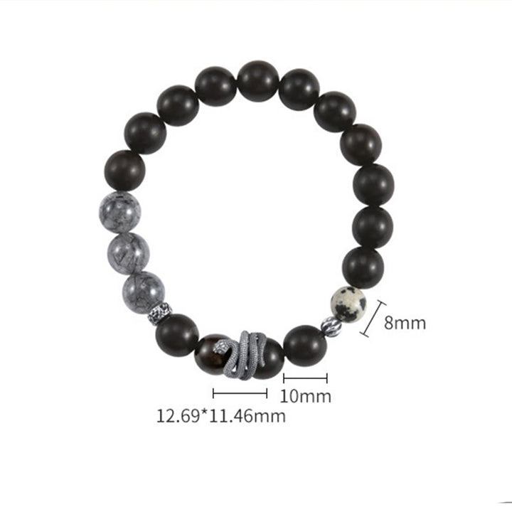Buddha Stonesエボニーウッド ブラックルチルクォーツ 925スターリングシルバー 蛇年 バランスブレスレット
